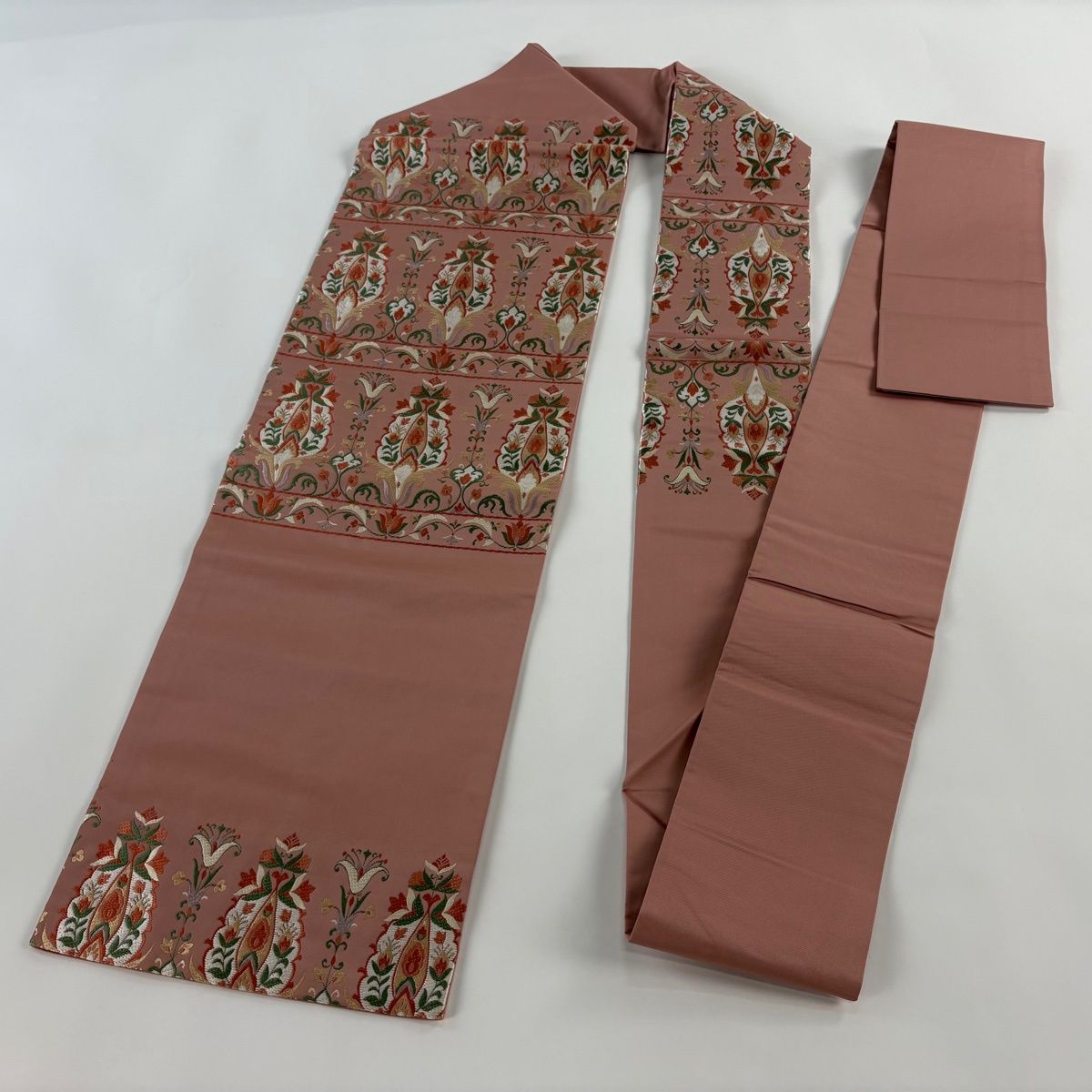 美品】 名古屋帯 秀品 草花 幾何学 ピンクベージュ 正絹 【中古
