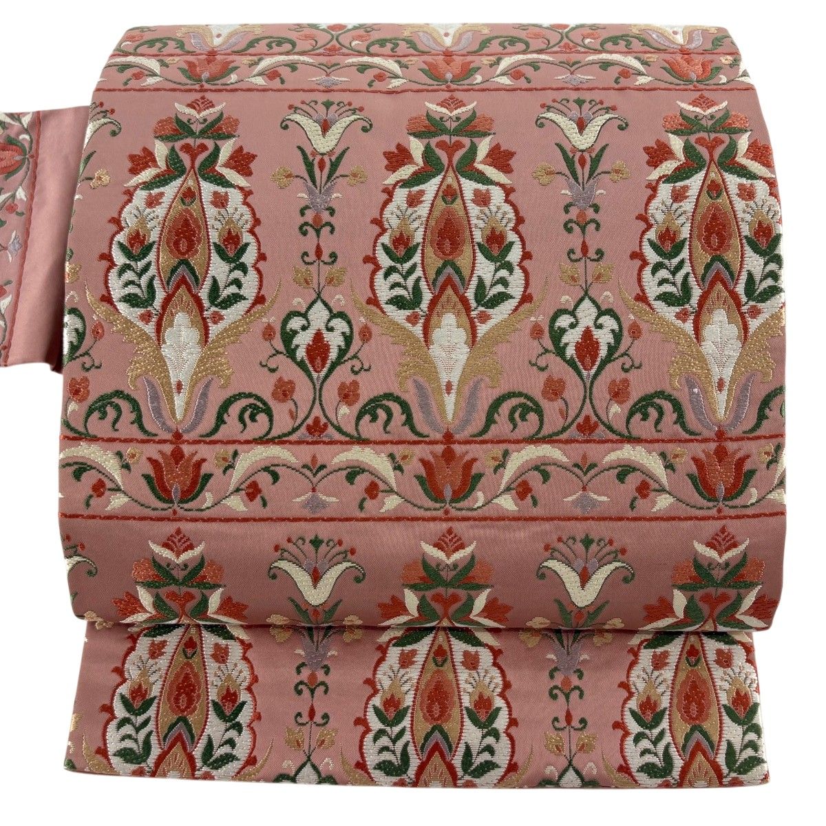 美品】 名古屋帯 秀品 草花 幾何学 ピンクベージュ 正絹 【中古