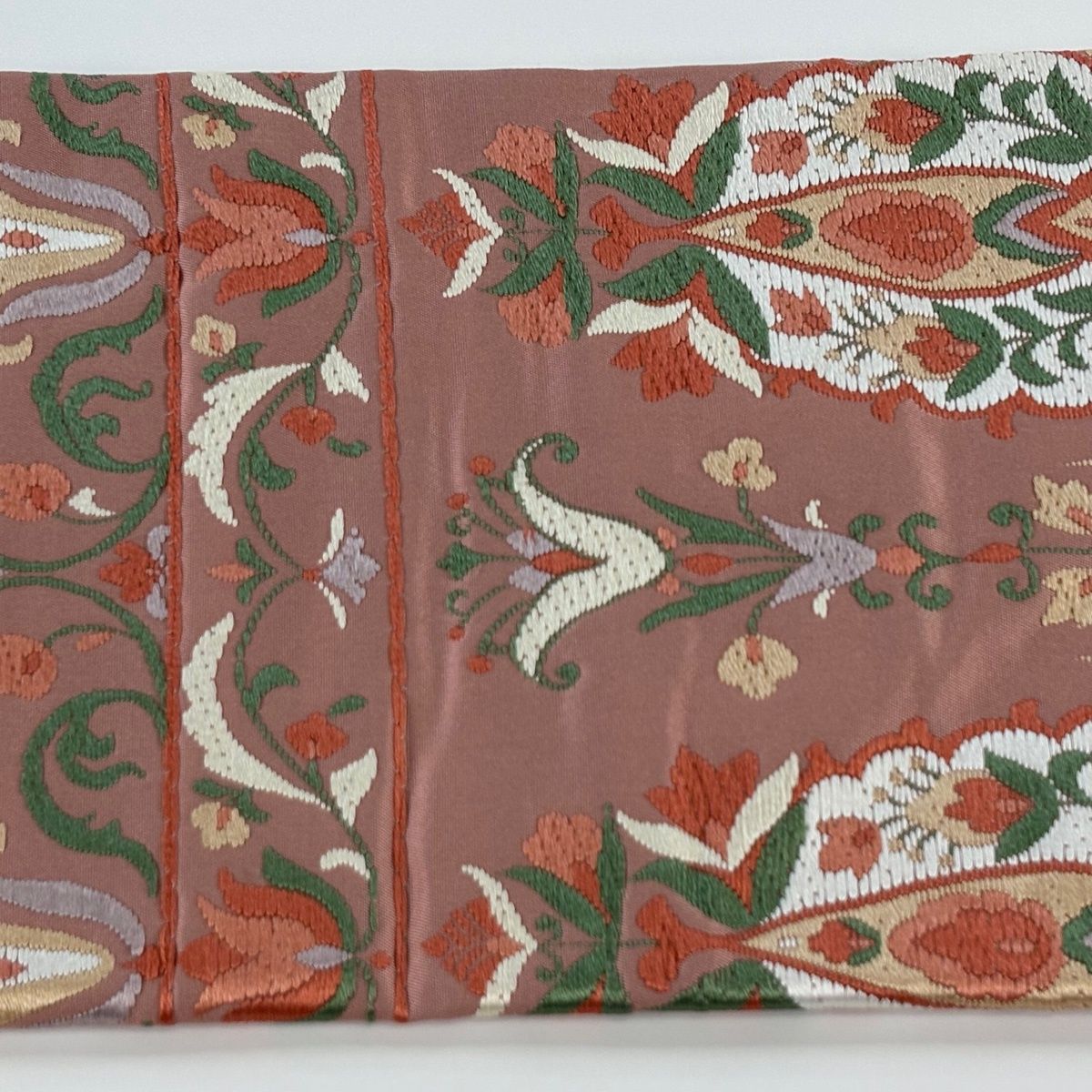 美品】 名古屋帯 秀品 草花 幾何学 ピンクベージュ 正絹 【中古