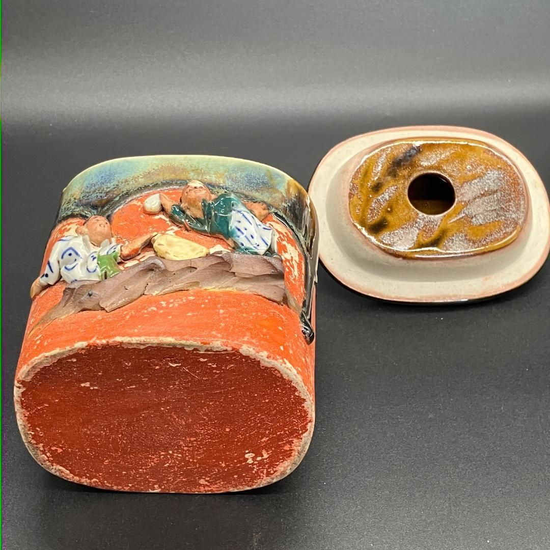 隅田焼　蓋物　井上良斎　高浮彫 人物文 水指 時代物 骨董品 古美術品　署名あり 隅田焼 蓋物 名工 井上良斎 幻の東京焼 高浮彫 人物文 水指 時代物