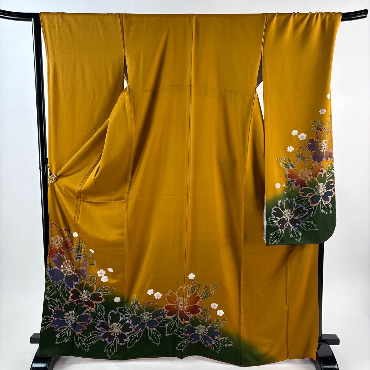 振袖 身丈168.5cm 裄丈68.5cm L 袷 草花 銀彩 染め分け 山吹茶色 正絹