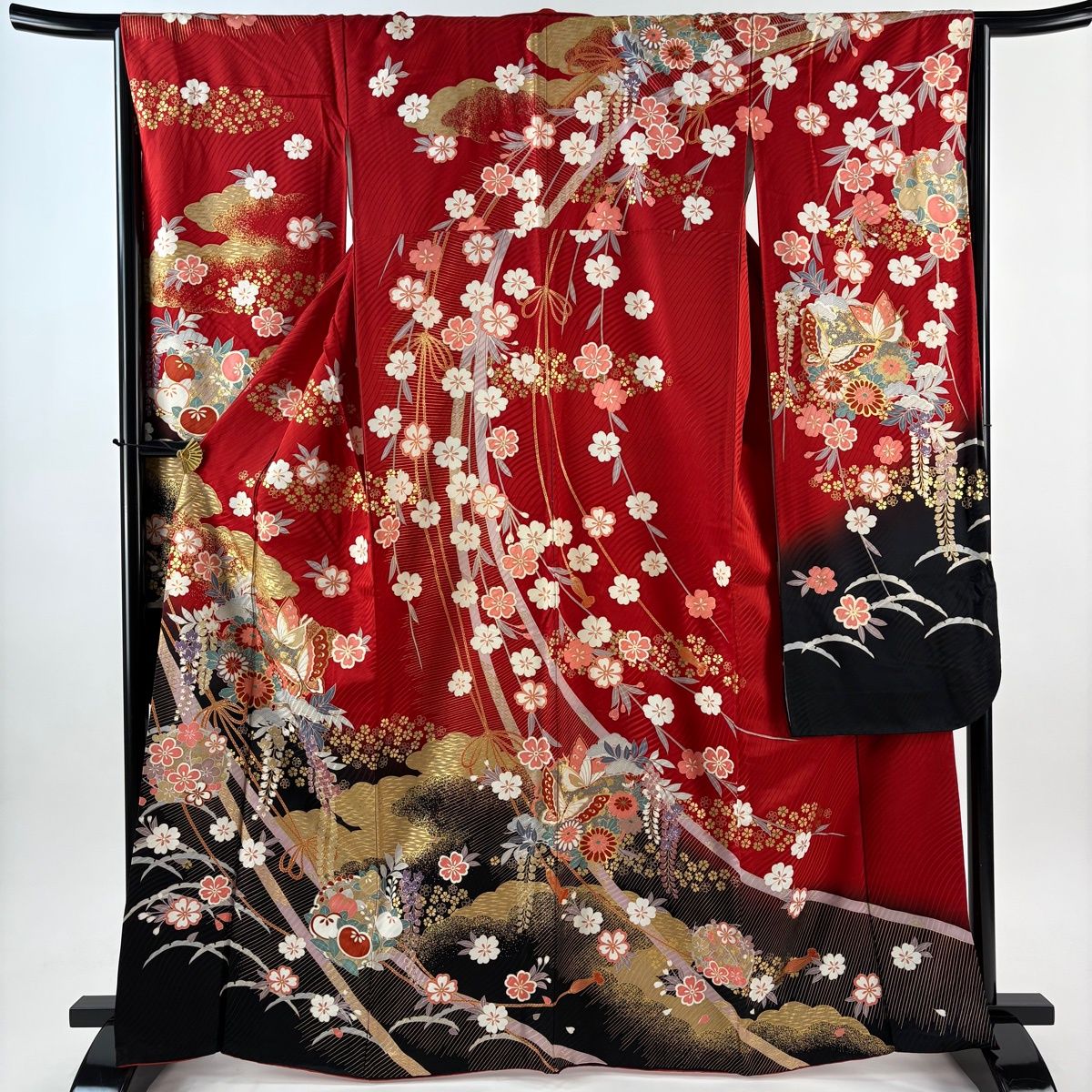 振袖 身丈165cm 裄丈64cm M 袷 花丸文 蝶 金彩 染め分け 赤 正絹 秀品