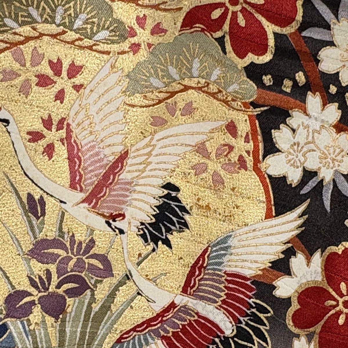 振袖 身丈160cm 裄丈67cm M 袷 雪輪 草花 金糸 金彩 墨色 正絹 秀品
