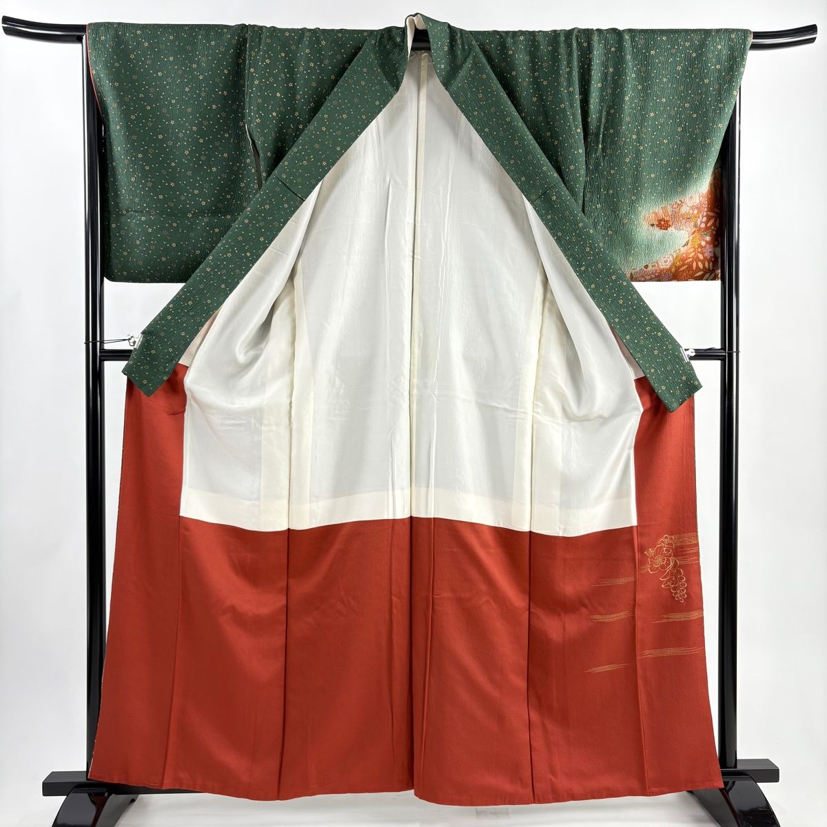 付下げ 身丈161.5cm 裄丈68.5cm L 袷 辻が花柄 露芝 金彩 深緑 正絹 秀