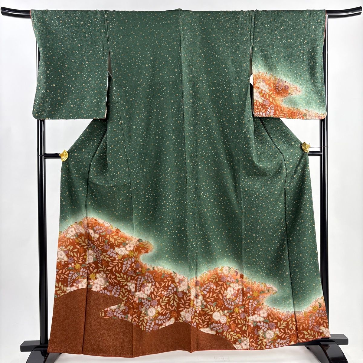 付下げ 身丈161.5cm 裄丈68.5cm L 袷 辻が花柄 露芝 金彩 深緑 正絹 秀