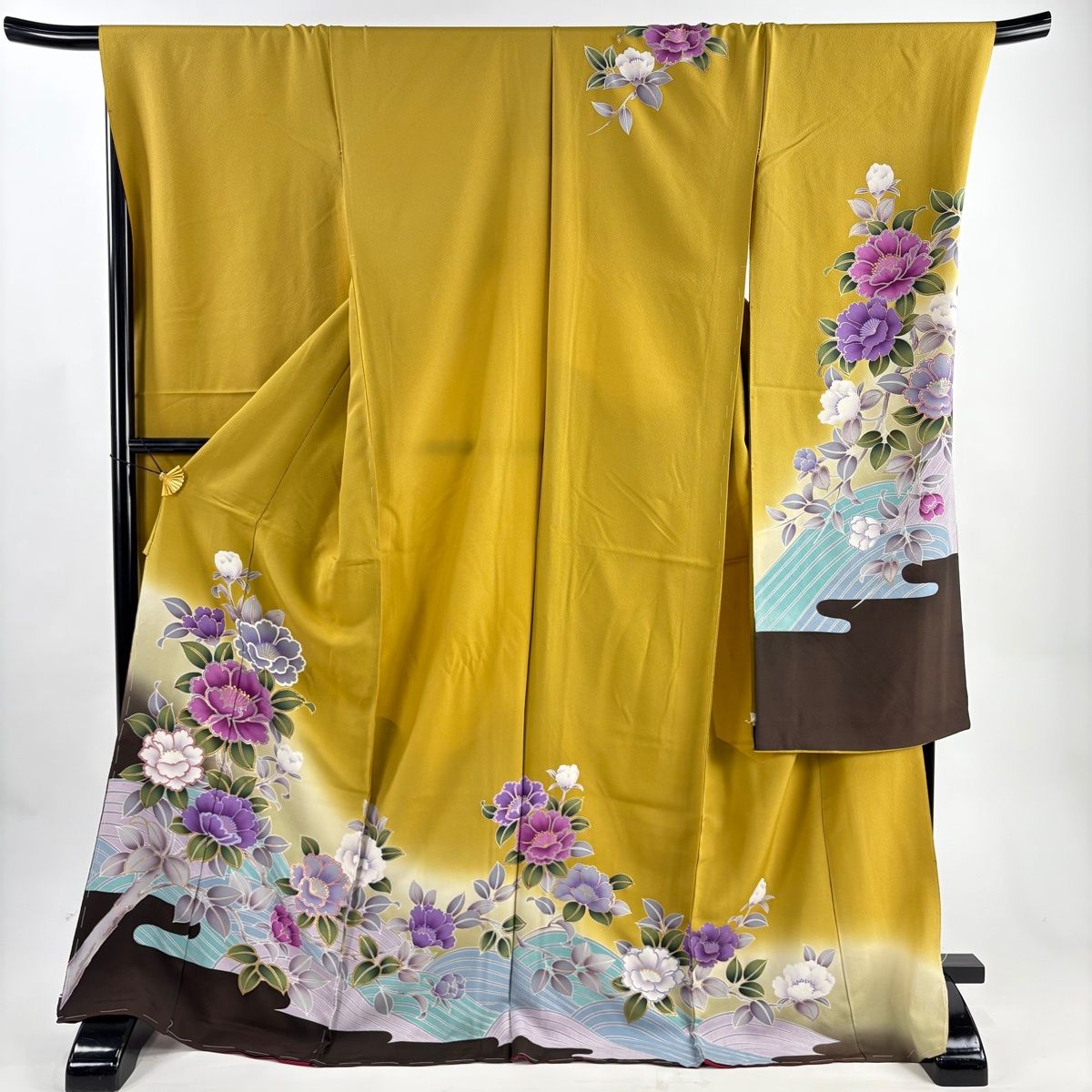 美品】 振袖 身丈175cm 裄丈71.5cm 未仕立て 仮絵羽 牡丹 波 金彩