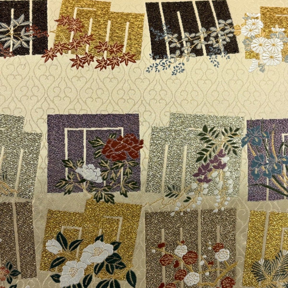 美品】 袋帯 名品 草木染め 源氏香 松梅 箔 刺繍 ベージュ 六通 正絹