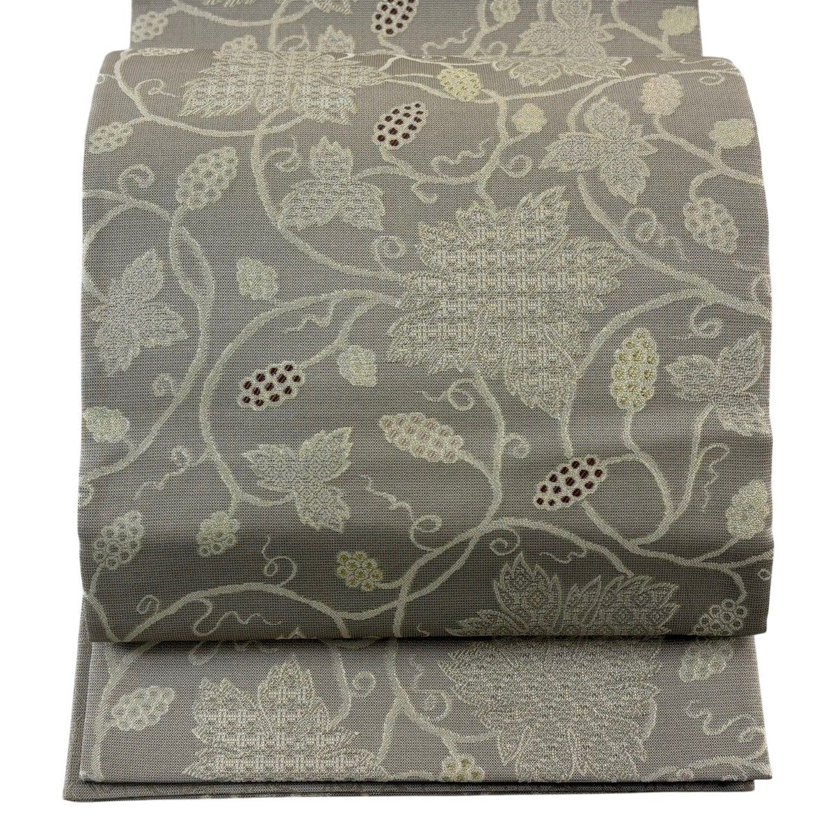 美品】 袋帯 名品 西陣織 葡萄唐草 金糸 箔 灰紫 六通 正絹 【中古