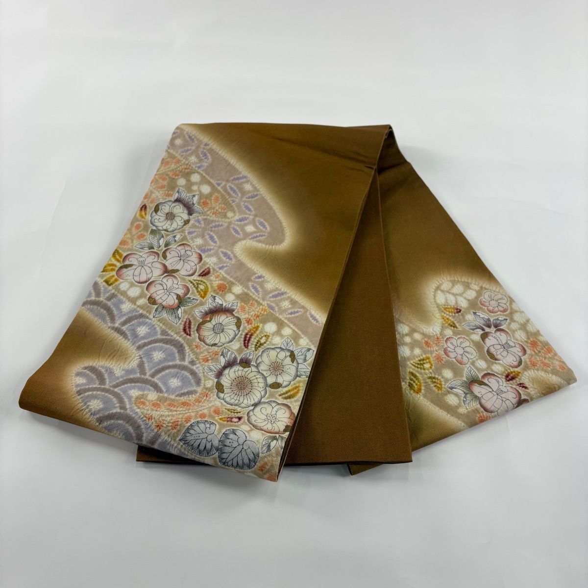 袋帯 名品 辻が花 有職文様 絞り 箔 茶色 お太鼓柄 正絹 【中古