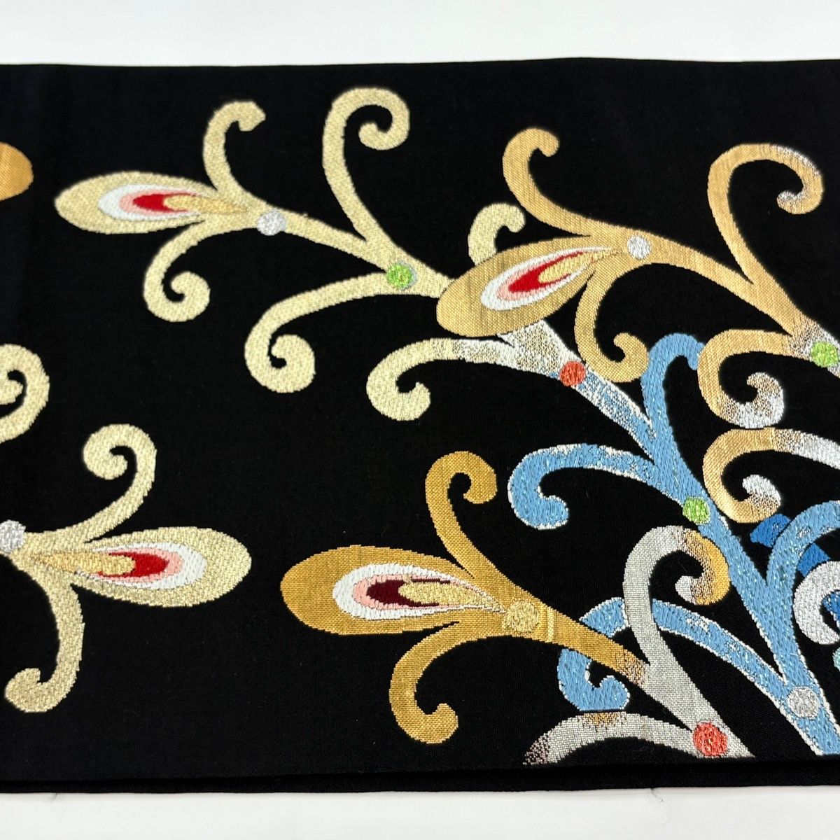 袋帯 逸品 龍村平蔵 落款 関西仕立て 天平羽衣錦 銀糸 箔 黒 お太鼓柄