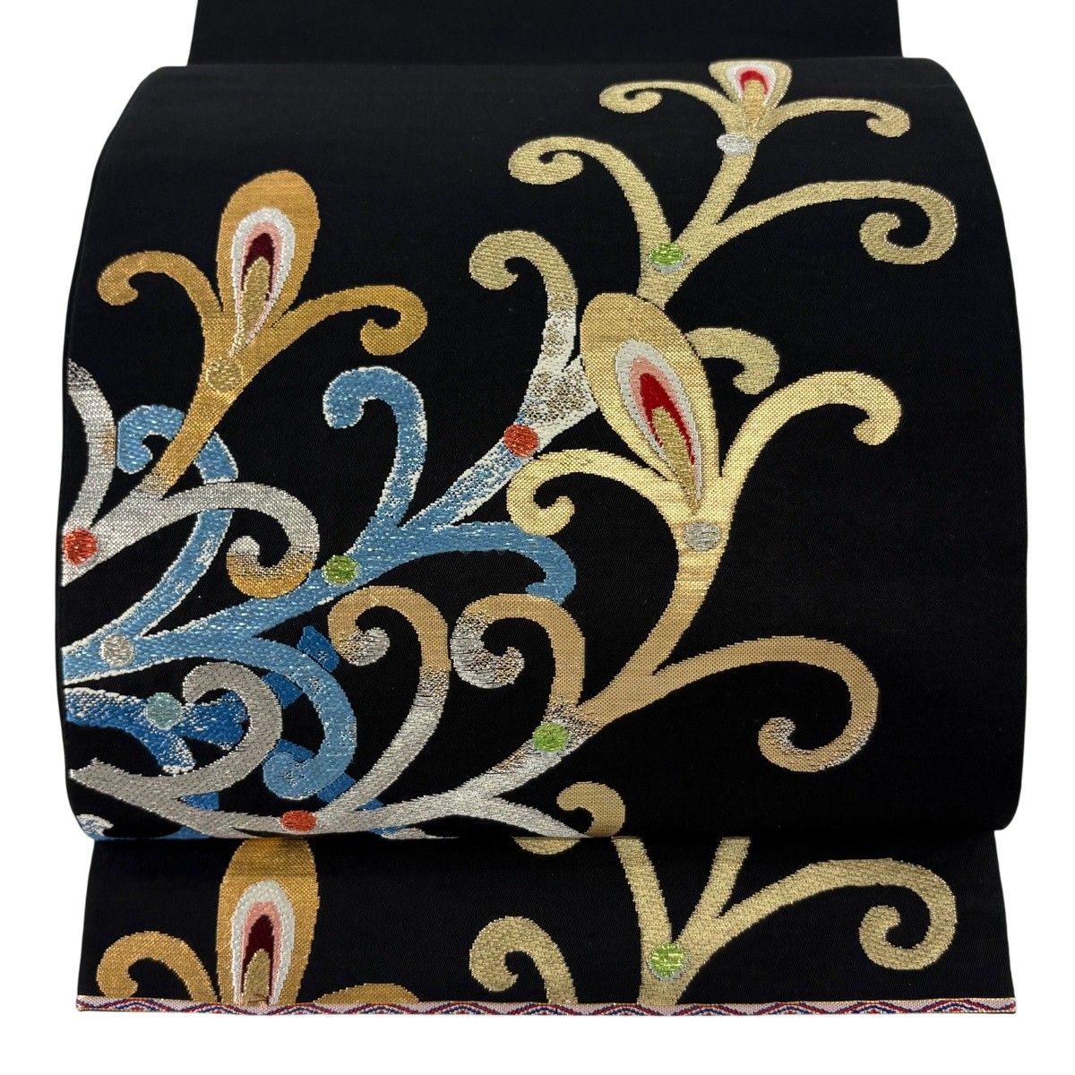 袋帯 逸品 龍村平蔵 落款 関西仕立て 天平羽衣錦 銀糸 箔 黒 お太鼓柄