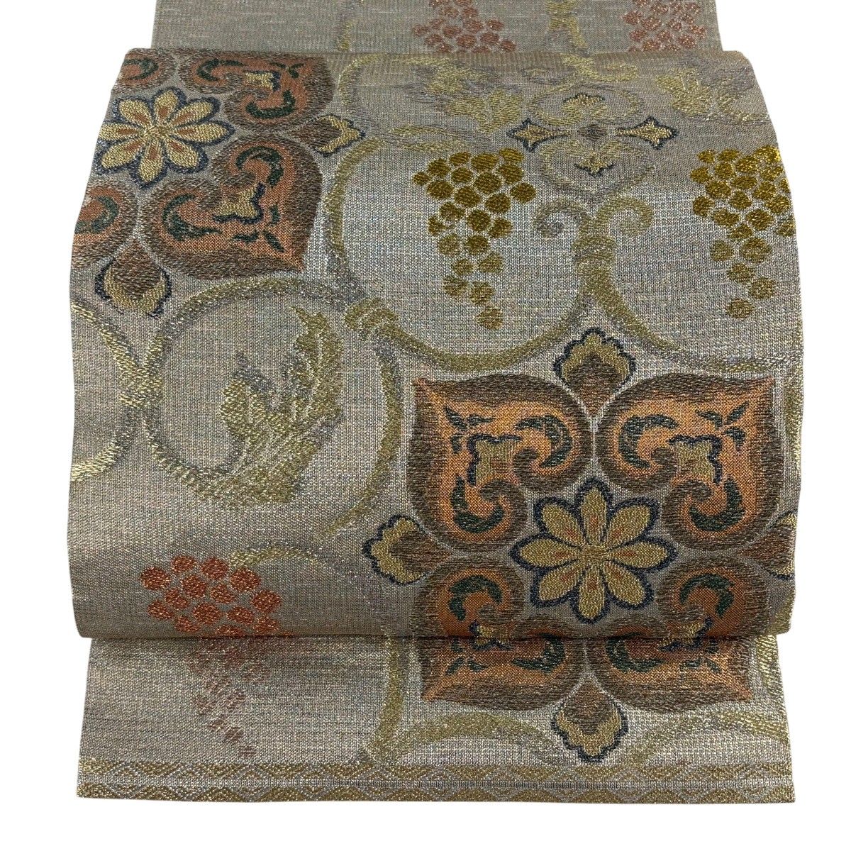 美品】 袋帯 逸品 誉田屋源兵衛 落款 華文 葡萄唐草 金糸 箔 灰茶 六通