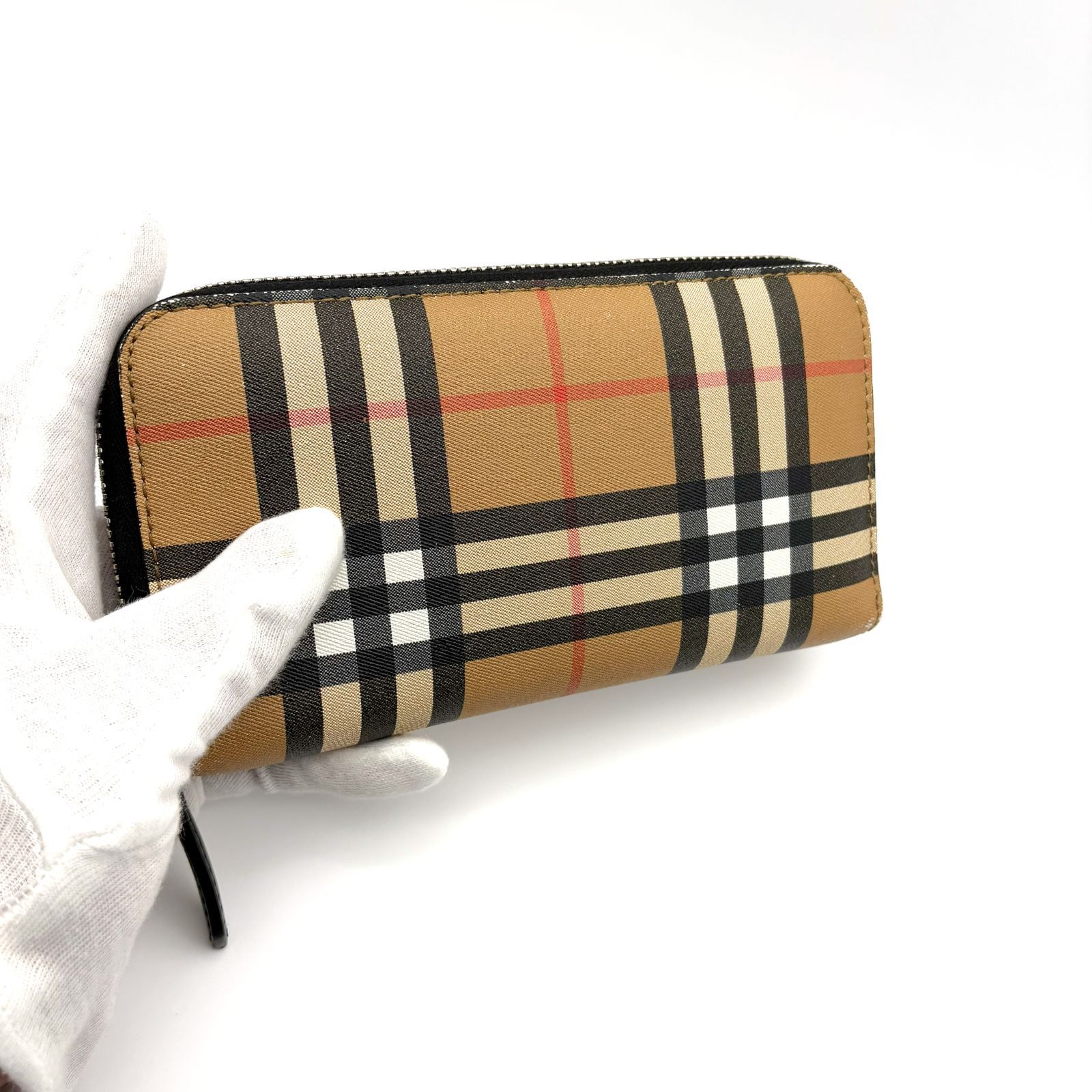 未使用箱付バーバリー　長財布　ノバチェック レザーブラウン 美品 】BURBERRY バーバリー ノバチェック ラウンドジップ 長財布 PVC