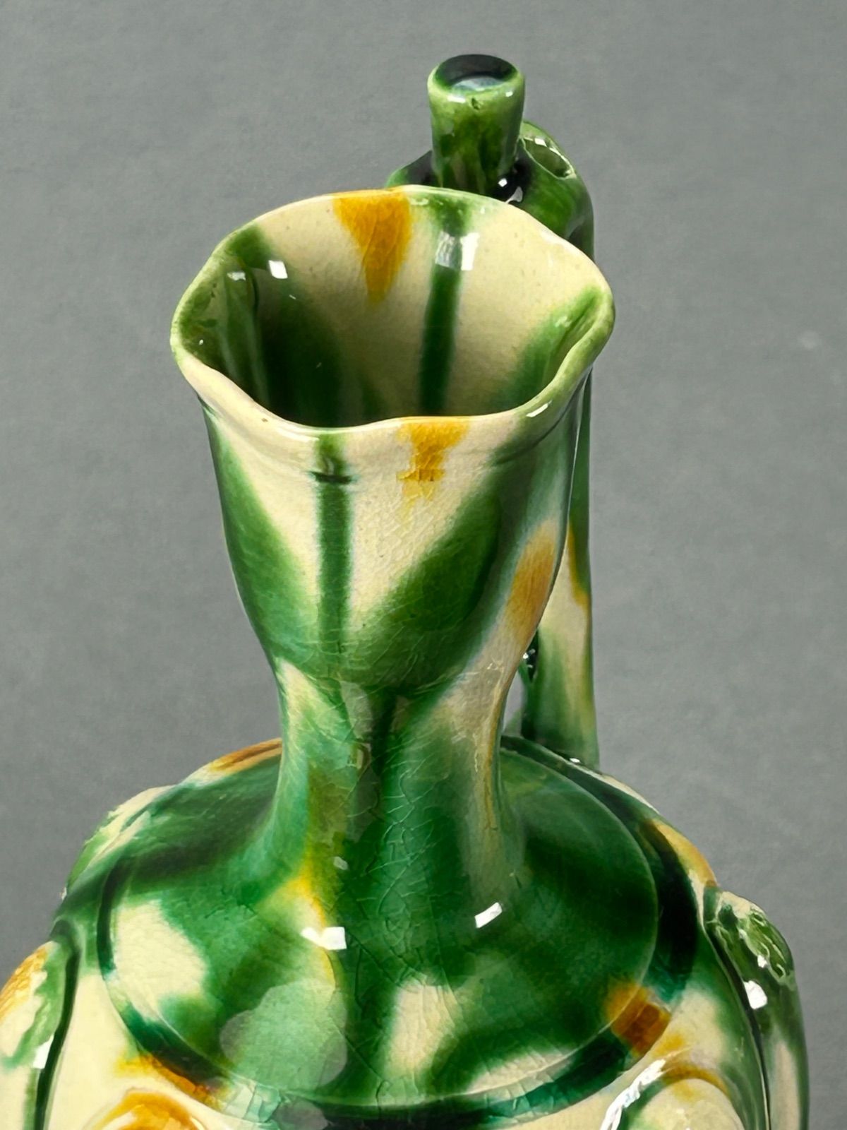 幽玄】上位作 人間国宝 加藤卓男 三彩貼手付花瓶 国重要無形文化財認定