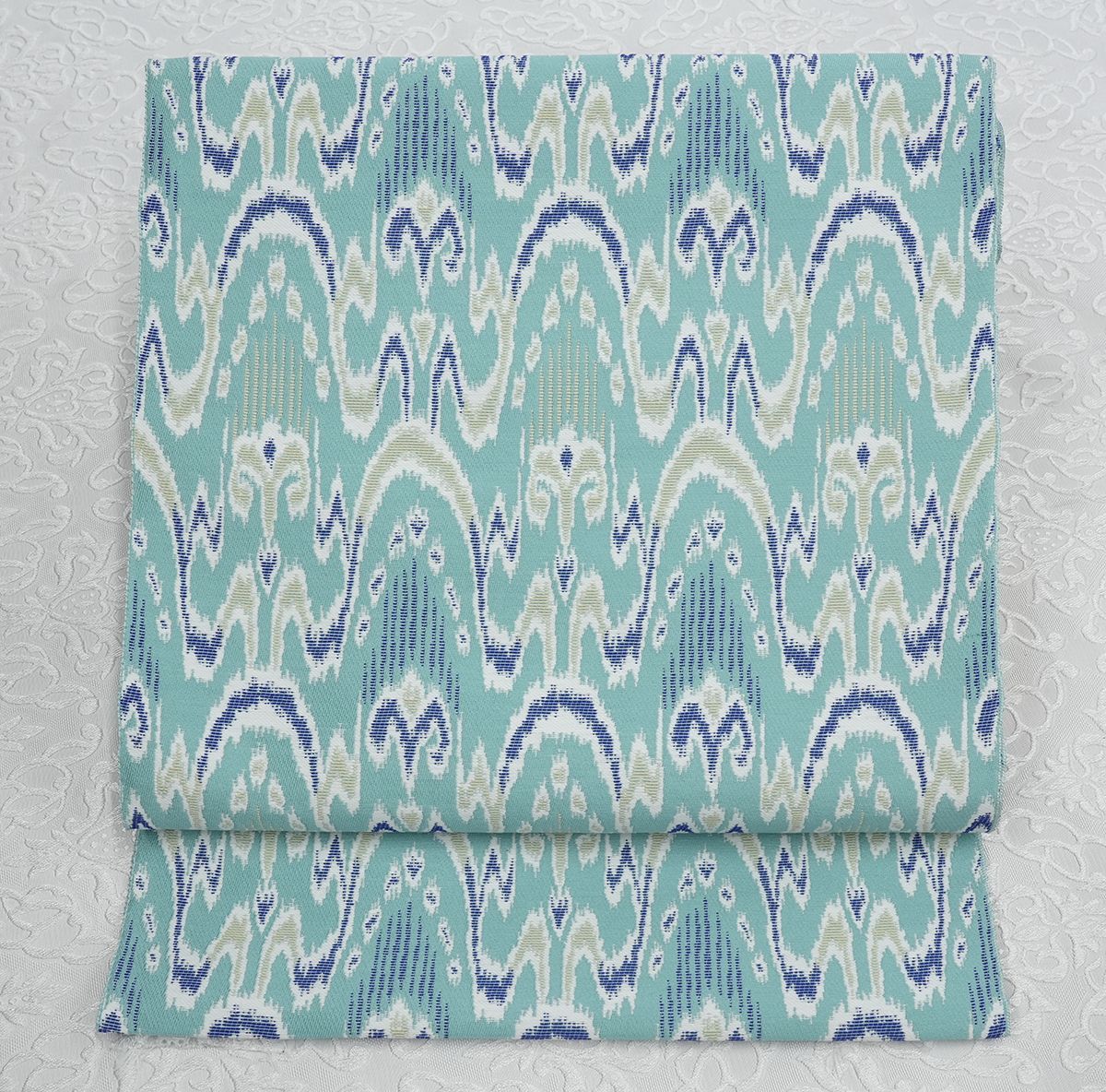 新品未仕立 西陣織 全通織 九寸名古屋帯 名物裂文様 太子間道 ブルー