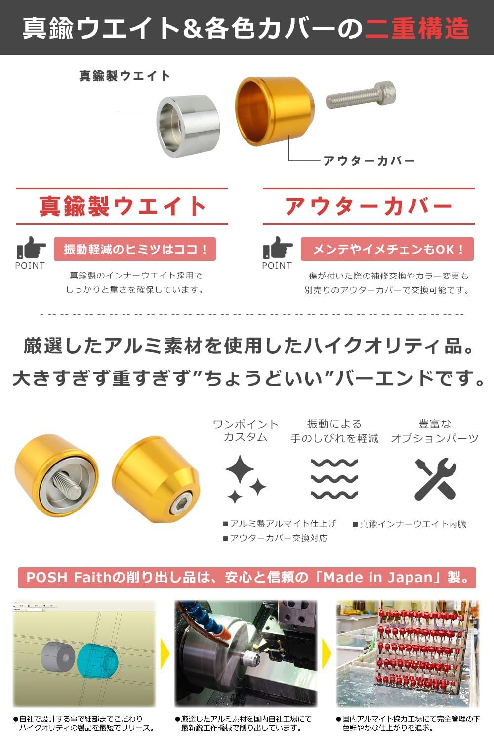 ポッシュフェイス(POSH FAITH) バイク用品 ハンドルバーエンド ミドル
