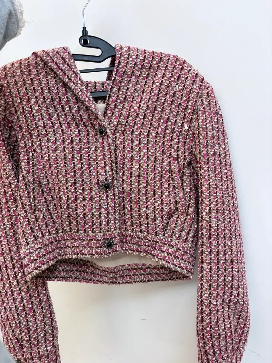 ピンク ツイード フード クロップド ジャケット