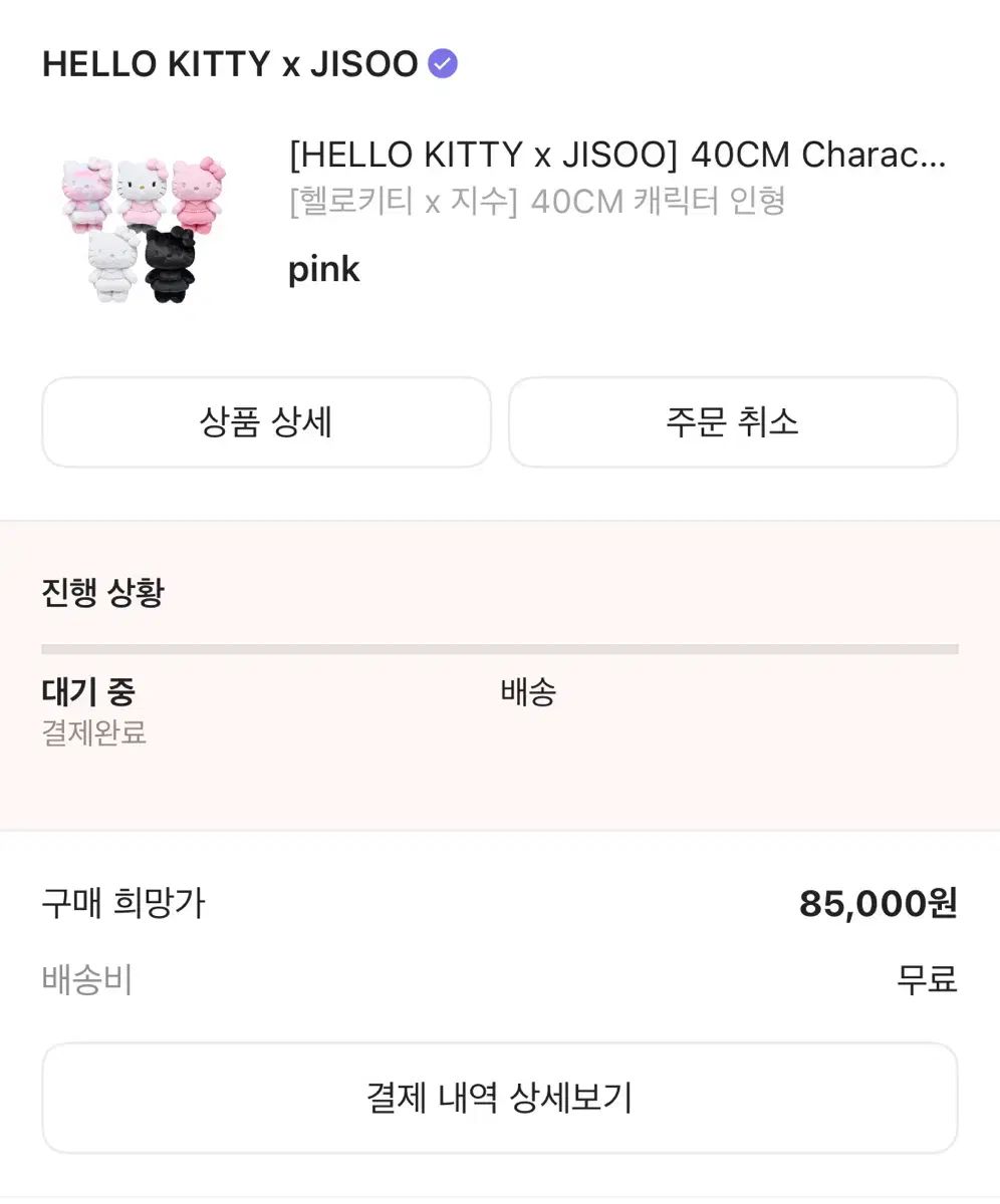 ハローキティ x ジス JISOO 40 CM キャラクター ぬいぐるみ ピンク