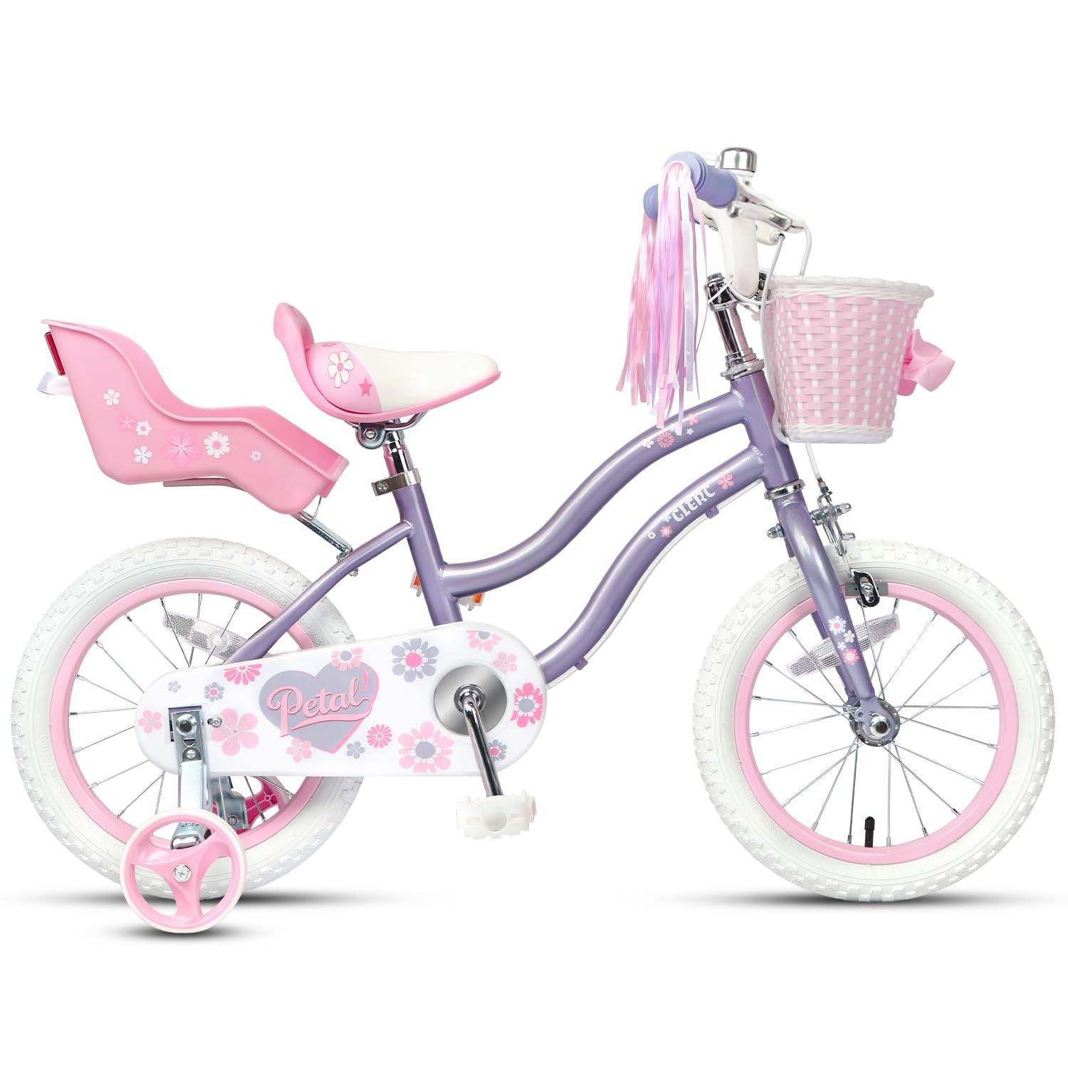 Glerc グレーク Petal子供自転車14 16インチ 幼児小学生女の子 かわいいプリンセス 前かご 高さ調節 ハンドルとサドル 取り外し 補助輪 ハンドルバー飾り 多色展開