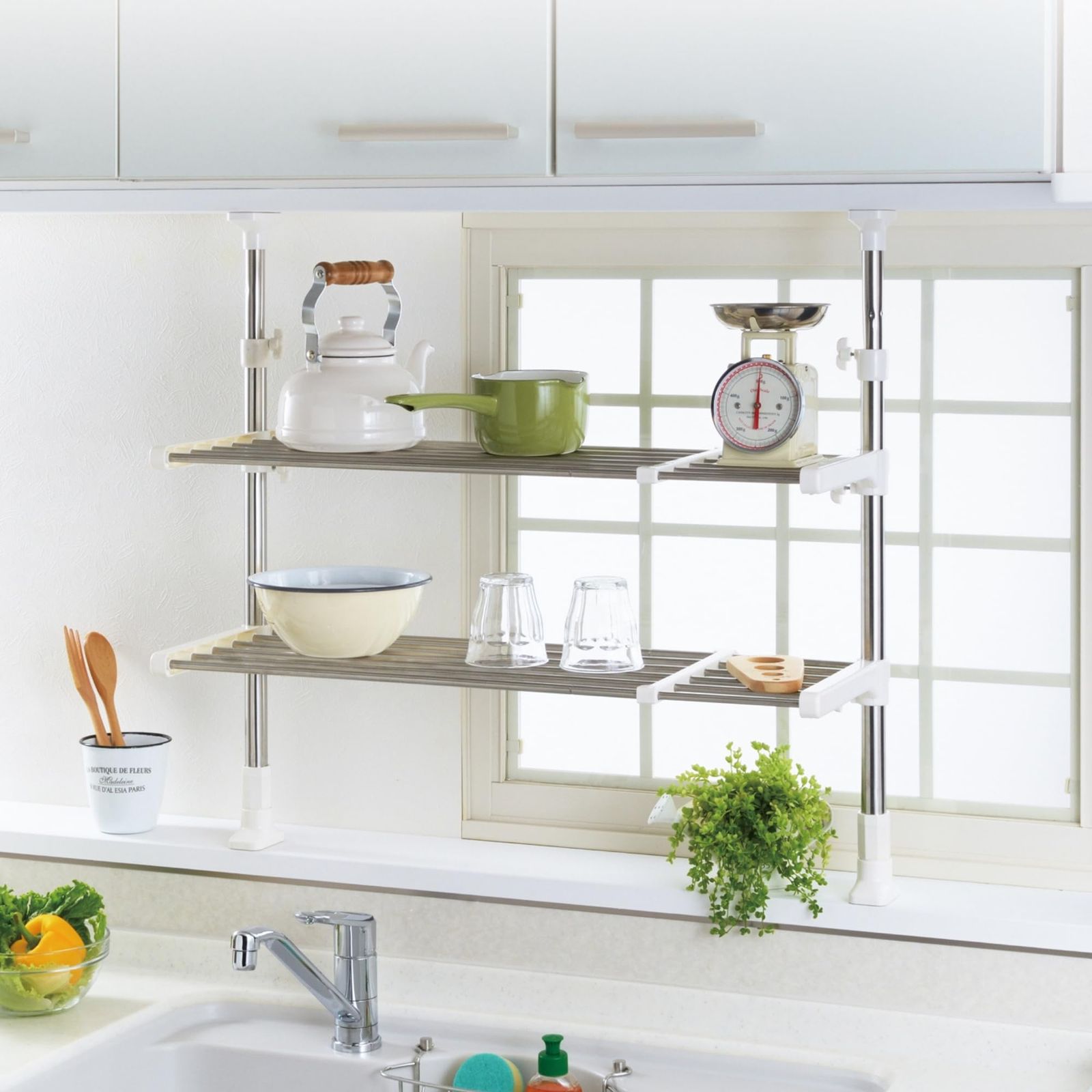 高儀 TAKAGI ステンレス スライド式 伸縮突っ張り棚 2段 棚 幅調整 つっぱり 工事不要 シルバー キッチン置き棚 収納棚 キッチン収納 錆びにくい 耐荷重10 kg