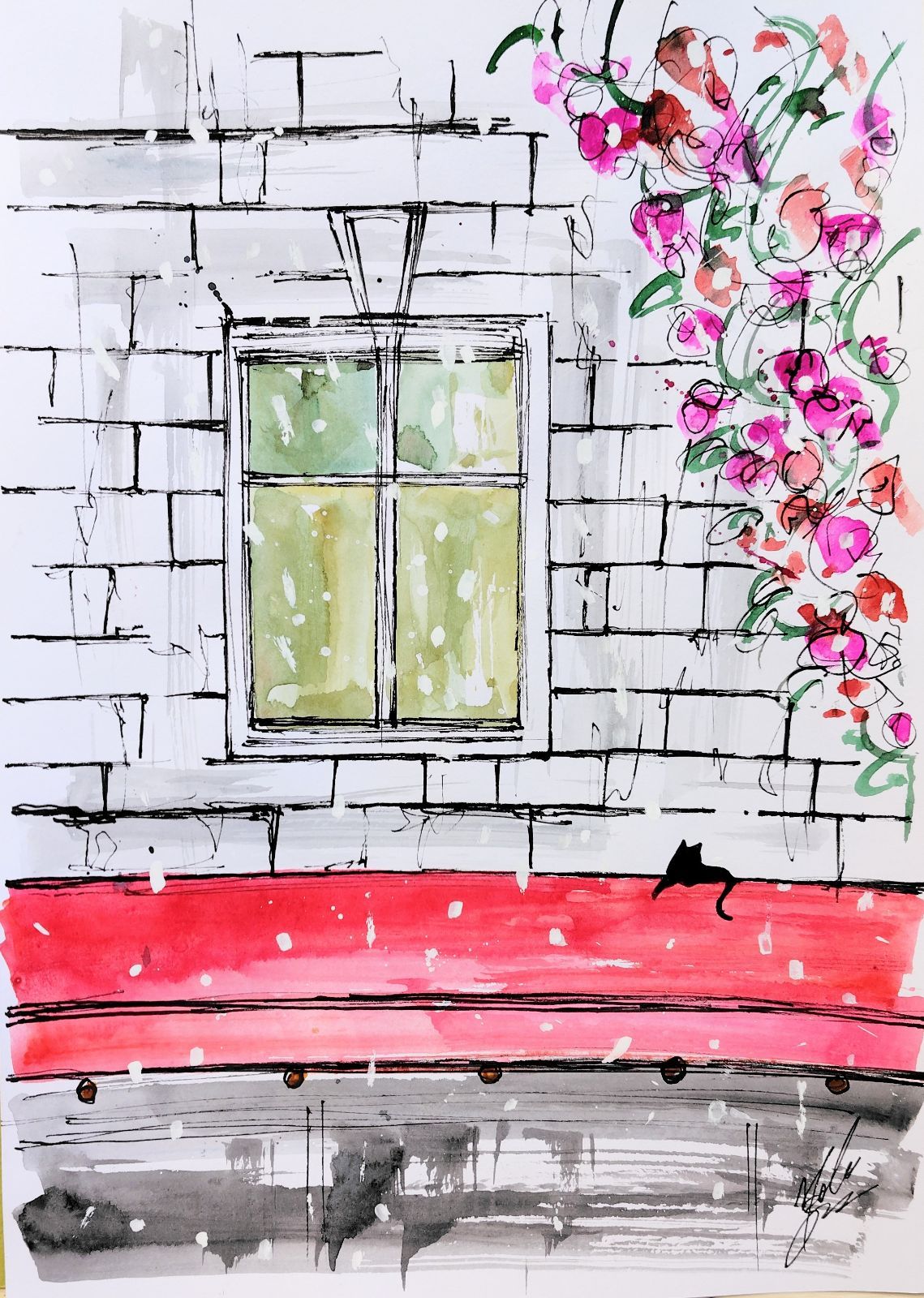 原画#3081　花　雨　パリ　フランス　水彩画　ドローイング　アート　インテリア 原画#3081 花 雨 パリ フランス 水彩画 ドローイング アート