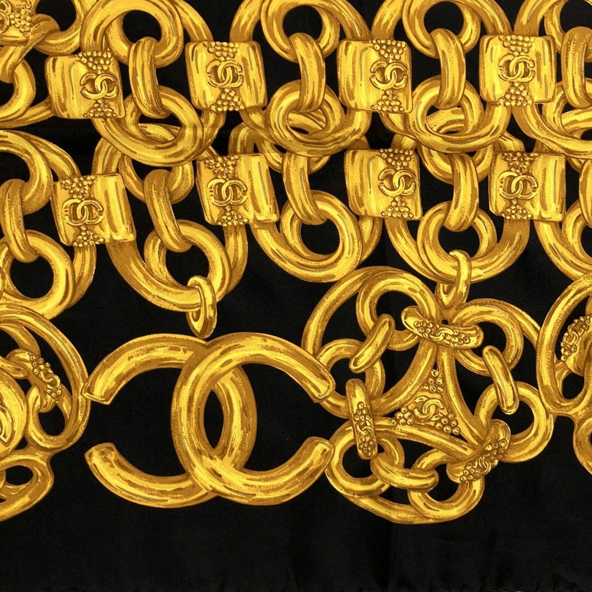 CHANEL(シャネル) スカーフ美品 黒×ゴールド ココマーク/チェーン柄