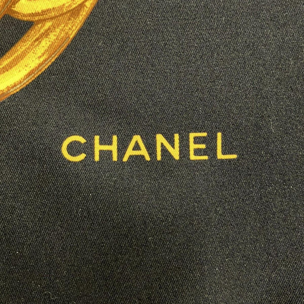 CHANEL(シャネル) スカーフ美品 黒×ゴールド ココマーク/チェーン柄