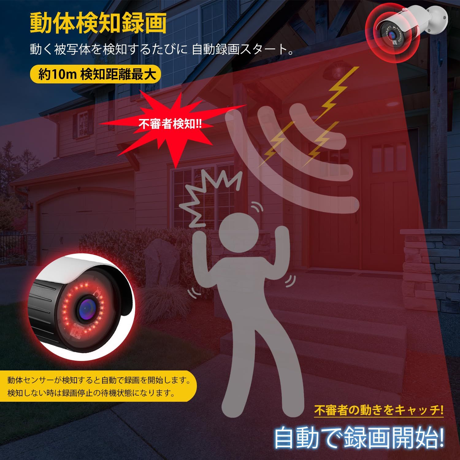  防犯カメラ 200万画素 最大256 GB microSD カード対応 SDカード録画 屋内屋外対応 有線 駐車場 玄関口防犯 監視カメラ AV出力対応 動体検知 強力赤外線LED 暗視撮影 24時間常時録画 自動上書き 外部電源 簡単設置 リモコン操作 防犯カメラ 防犯 セーフティ