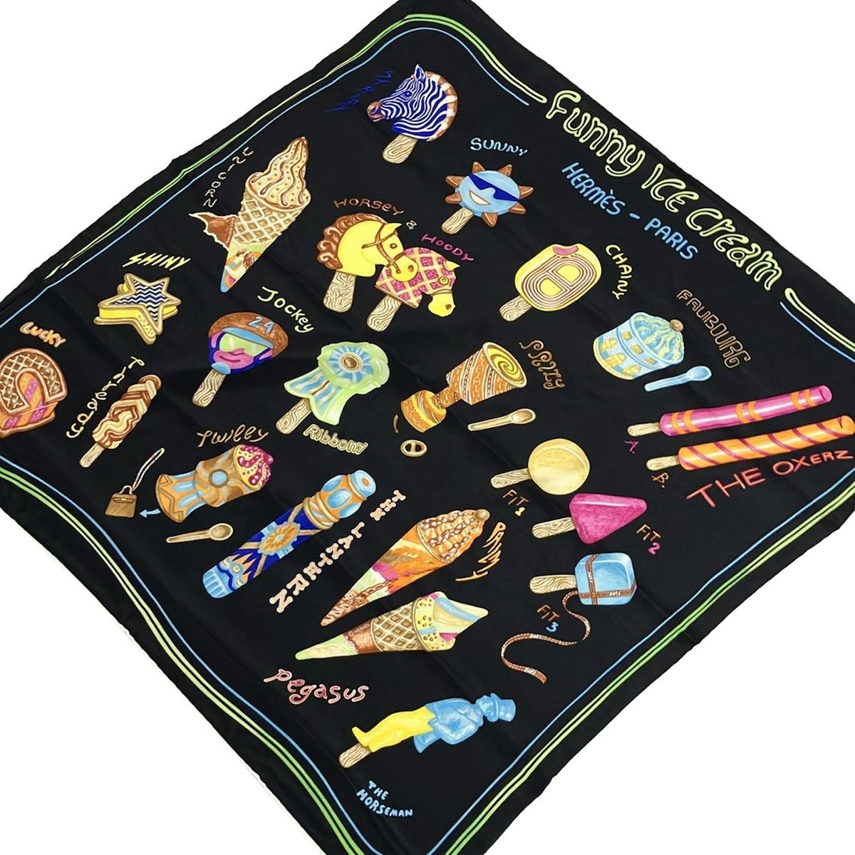 HERMES(エルメス) スカーフ美品 カレ70 黒×イエロー×マルチ FUNNY ICE