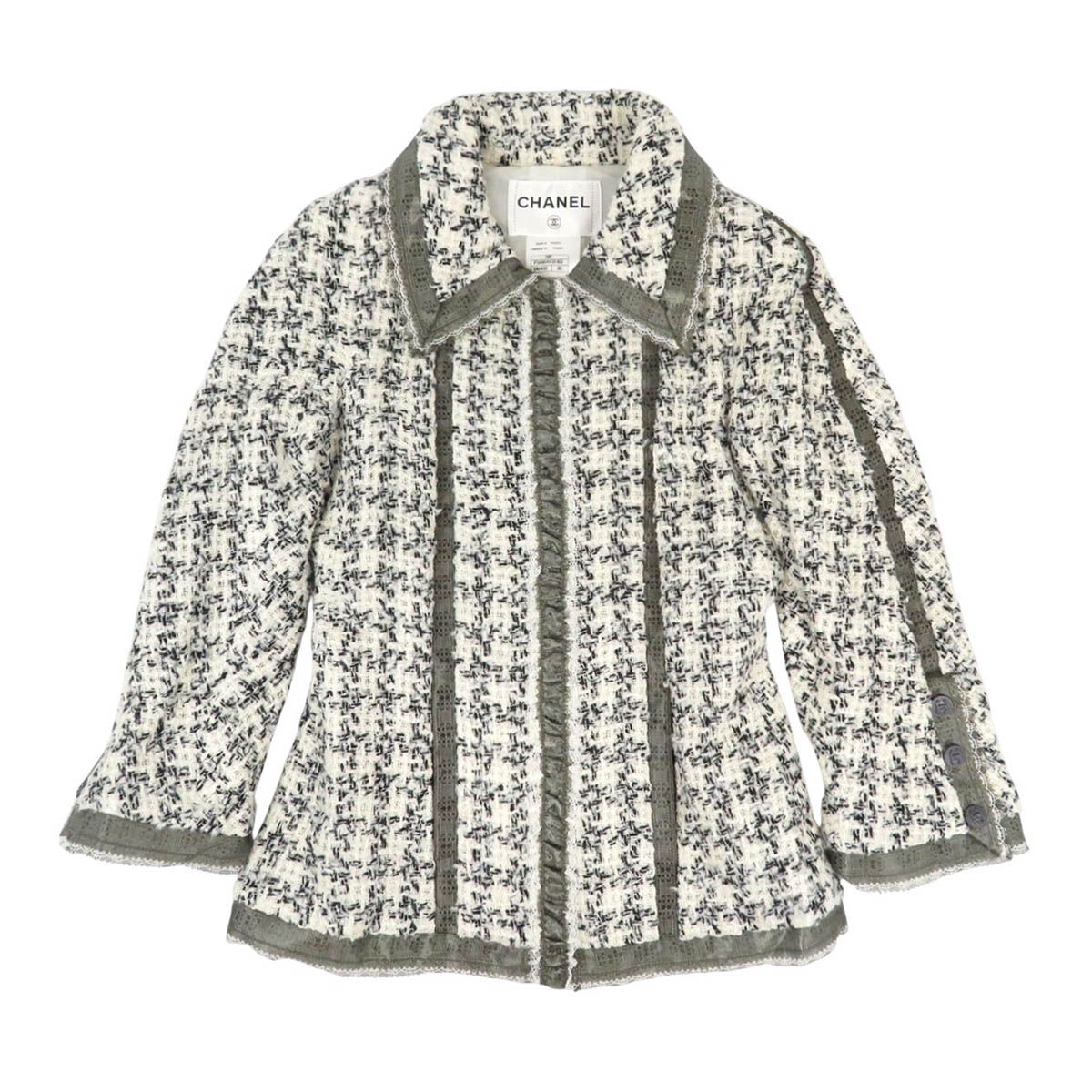 シャネル ココマーク シルク ツイード ジャケット レディース ホワイト ブラック CHANEL アパレル 小物