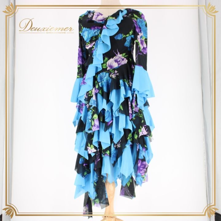 【美品】プリマブティック 社交ダンス衣装 鮮やかパープル フリルドレス ラメ入り 美品 日本製 社交ダンス衣装】パープル PASTIME ワンピース ドレス 紫