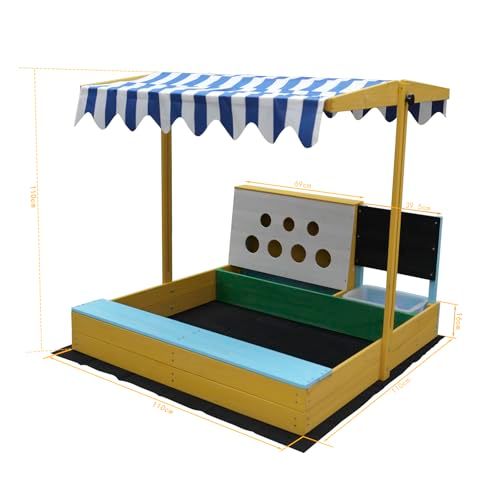 木製サンドボックス ベンチ付き ストライプ日よけ付き 屋外遊び場セット ブルー＆イエローpo 8 dcc 2226
