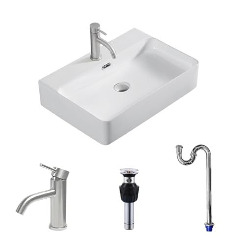 Ｓトラップセット付き 大型 洗面ボウル 洗面台 605 420 130 mm おしゃれ 洗面ボール 置き型 陶器製 手洗いボウル 蛇口セット 長方形 m 337187 b 1