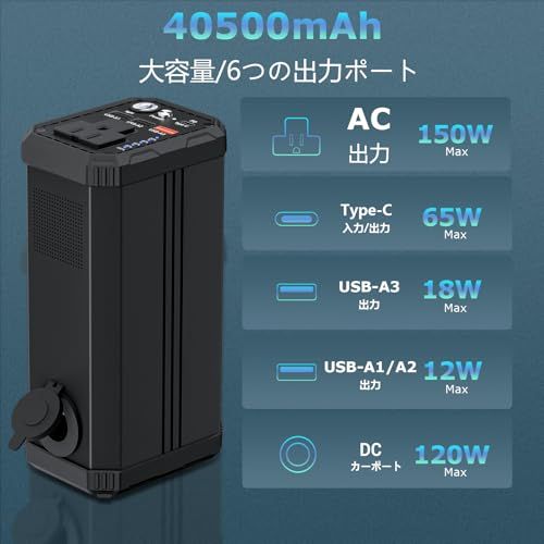  ポータブル電源 AC出力対応 40500 mAh 146 Wh 大容量 PD 65 W 高輝度LEDライト付き AC DC USB出力 最大6台 急速充電対応 車中泊 緊急 災害時バックアップ用電源 MacBook ノートパソコン P 9 m 6 f 21 a 27 b その他 キッチン 食器