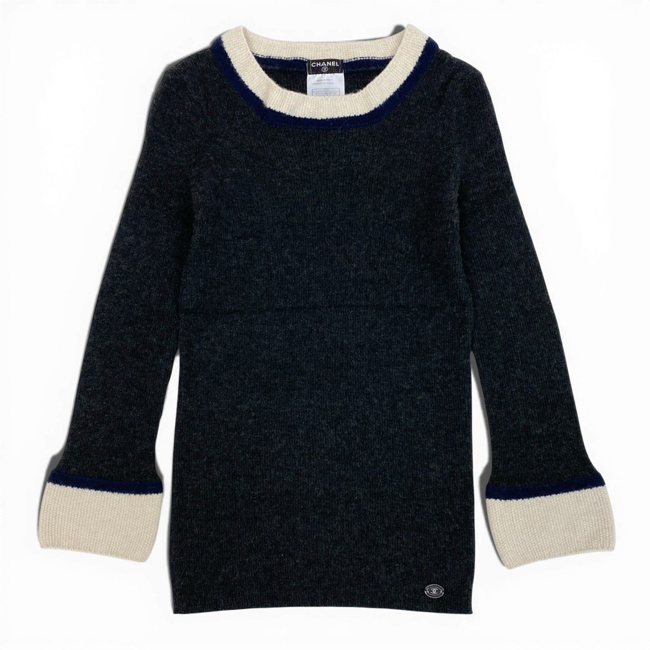 シャネル　リボン付きネイビー長袖ニット 10a13 CHANEL シャネル クルーネック ニットセーター リブニット 長袖