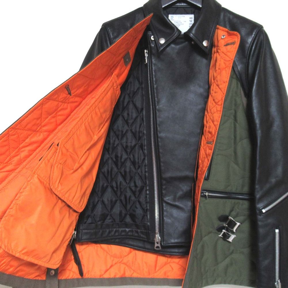 美品 21AW sacai サカイ キルティング×レザー ドッキング ライダース 