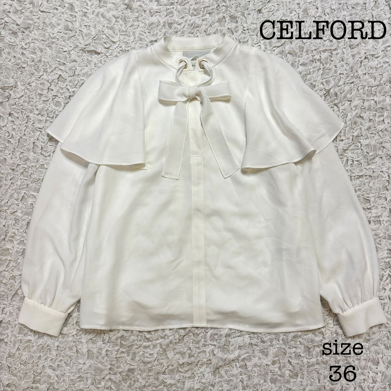 セルフォード　ボウタイリボンブラウス　ホワイト CELFORD セルフォード ボウタイ付きブラウス 長袖 ケープブラウス