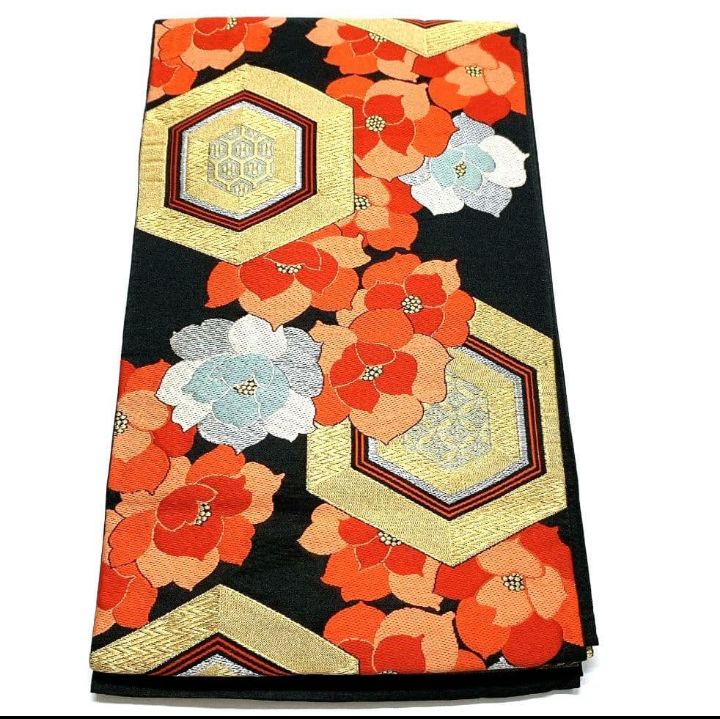 2762］袋帯 草花七宝亀甲文 金銀糸 六通 正絹 着物 フォーマル 黒