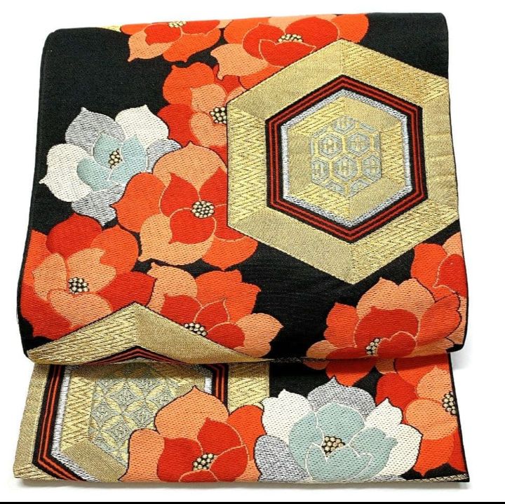 2762］袋帯 草花七宝亀甲文 金銀糸 六通 正絹 着物 フォーマル 黒