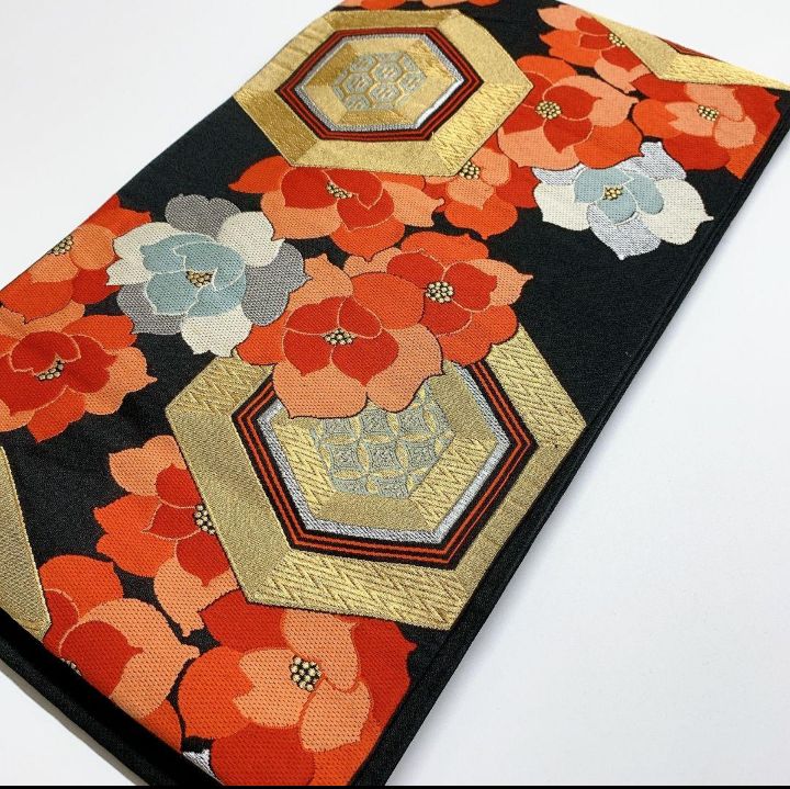 2762］袋帯 草花七宝亀甲文 金銀糸 六通 正絹 着物 フォーマル 黒