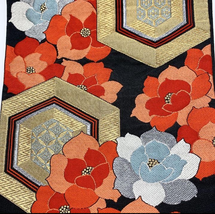 2762］袋帯 草花七宝亀甲文 金銀糸 六通 正絹 着物 フォーマル 黒