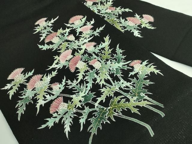 平和屋本店●極上　東京友禅　手描き　加納知之　九寸名古屋帯　アザミ　黒地　金彩　鬼しぼ縮緬　逸品　DZAB3356kh6 平和屋本店○極上 東京友禅 手描き 加納知之 九寸名古屋帯 アザミ 黒地