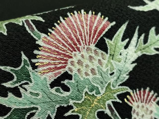 平和屋本店●極上　東京友禅　手描き　加納知之　九寸名古屋帯　アザミ　黒地　金彩　鬼しぼ縮緬　逸品　DZAB3356kh6 平和屋本店○極上 東京友禅 手描き 加納知之 九寸名古屋帯 アザミ 黒地