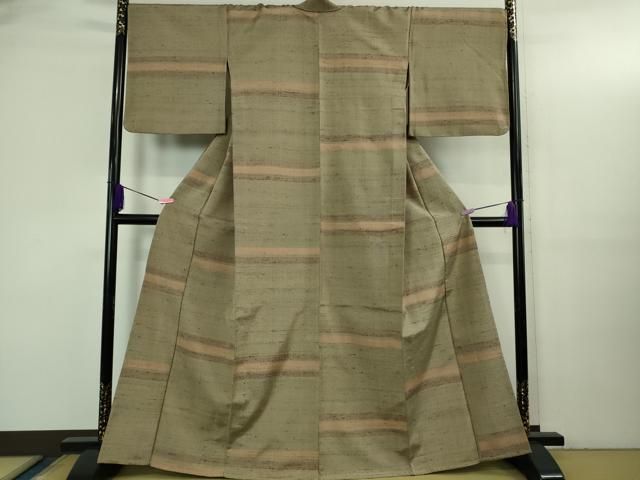 平和屋本店▽極上 伊兵衛織 工芸手織 単衣 横段文 生壁色地 逸品