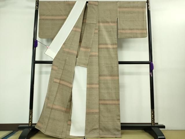 平和屋本店▽極上 伊兵衛織 工芸手織 単衣 横段文 生壁色地 逸品