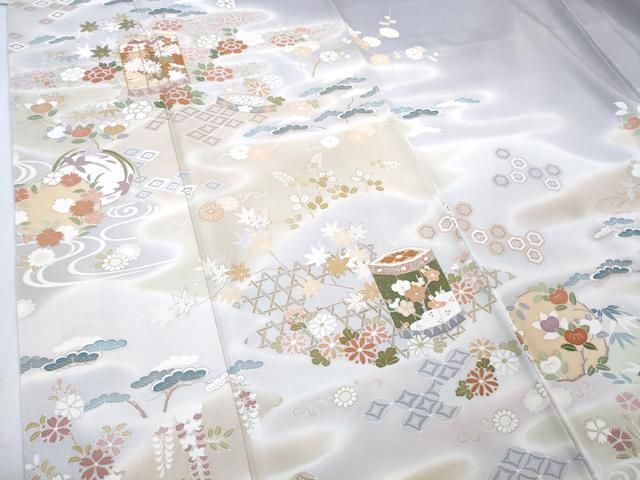 平和屋本店○極上 創業460年・千總 訪問着 駒刺繍 貝桶吉祥花文 藤鼠色