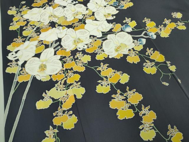平和屋本店●希少　皆川月華　長女　日本画家　皆川千恵子　訪問着　刺繍　胡蝶蘭　深紫色地　金糸　逸品　DZAB3565kh6 平和屋本店○希少 皆川月華 長女 日本画家 皆川千恵子 訪問着 刺繍