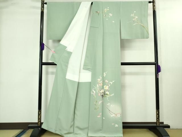 平和屋本店●極上　京加賀友禅　百貫石峰　訪問着　枝花文　暈し染め　錆青磁色地　逸品　DZAB3567kh6 平和屋着物○京加賀友禅 百貫石峰 訪問着 枝花文 暈し染め 正絹 逸品