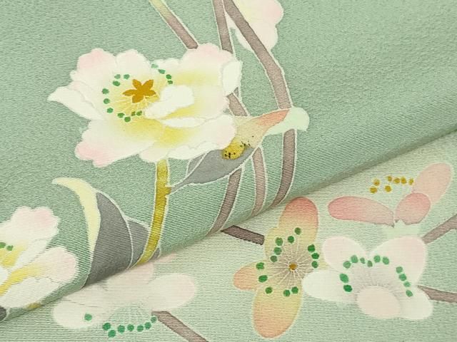 平和屋本店●極上　京加賀友禅　百貫石峰　訪問着　枝花文　暈し染め　錆青磁色地　逸品　DZAB3567kh6 平和屋本店○極上 京加賀友禅 百貫石峰 訪問着 枝花文 暈し染め 錆青磁