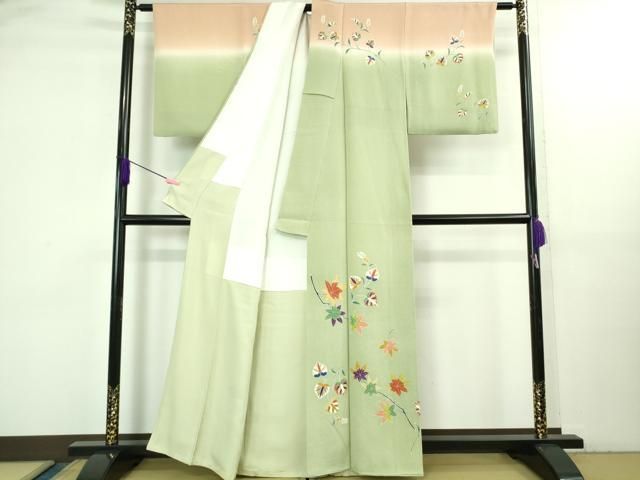 平和屋本店●極上　訪問着　作家物　葵　楓　山葵色地　暈し染め　金彩　逸品　DZAB3572kh6 平和屋本店○極上 訪問着 作家物 葵 楓 山葵色地 暈し染め 金彩 逸品